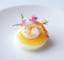 A shrimp and egg dish on a white plate photo