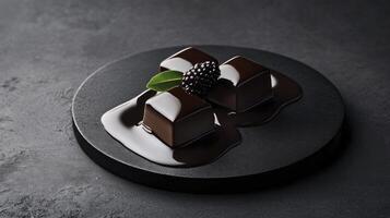 Chocolate cake with blackberry and mint on black background photo