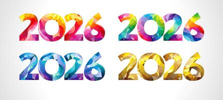 Set of colorful logos 2026 for new year congrats. 3 D stained glass style template. Web icons. Red, green, blue and golden colors. vector