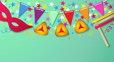 Happy Purim editable creative background with 3D elements and copy space. Greeting card template vector