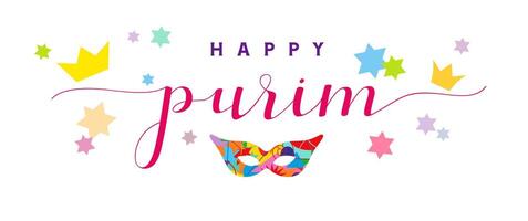 Happy Purim congratulations, greeting card design. Social media story template. Festive face mask with geometric pattern and isolated clipping mask. White backdrop, coloured confetti. Cute greetings. vector