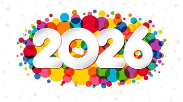 Greeting card concept with colorful bubbles and 3D paper style numbers 2 0 2 6. Happy New Year 2026 postcard design. Cute abstract background. Holiday horizontal banner. Web button. Celebrating icon vector