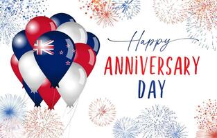 Happy Anniversary Day of New Zealand greeting card template with flying 3D air balloons and fireworks. Colorful background with NZ flag colors. Billboard celebrating design with isolated clipping mask vector