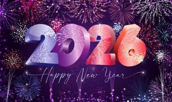New Year eve 2026 greeting card design with glittering fireworks. Happy holidays postcard concept, holiday background with glitters. Social network timeline story template. 3D isolated numbers 20 26 vector