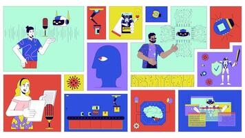 AI technologies people animated bento grid layout. Innovations. Voiceover artist, artificial intelligence engineer 2D animation flat cartoon ui collage design. 4K motion graphic collection video
