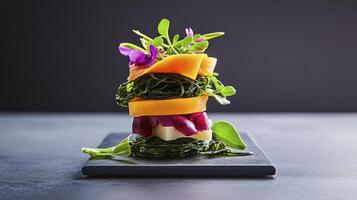 A stack of food on a black plate photo