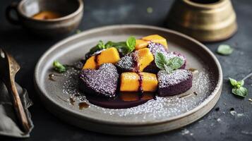 A plate with a dessert that has fruit on it photo