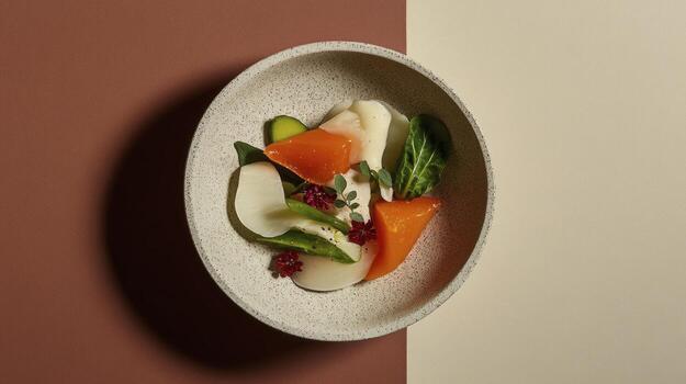 un cuenco de comida en un mesa con un rojo y blanco antecedentes foto