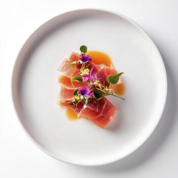 un plato con atún y flores en eso foto