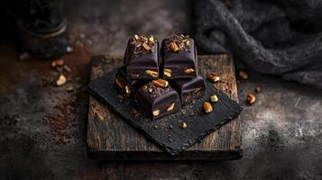 Chocolate covered nuts on a black plate photo