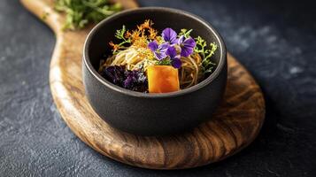 A bowl of food with vegetables and herbs on a wooden board photo
