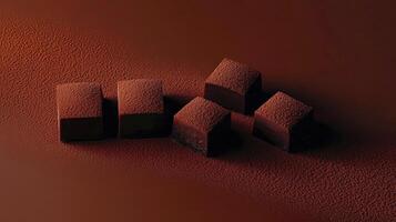 Four pieces of chocolate are shown on a brown surface photo