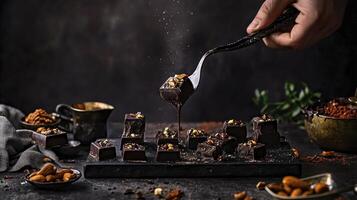 A hand is holding a spoon over a chocolate bar photo