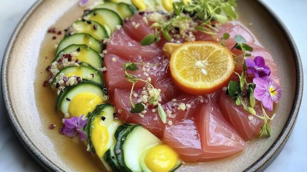 un plato de Sushi con vegetales y un naranja rebanada foto