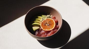 A bowl of food with an orange slice and a slice of avocado photo