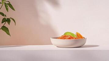 A bowl of food sitting on a table next to a plant photo