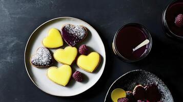 Heart-shaped lemon curd cookies with raspberry jam photo