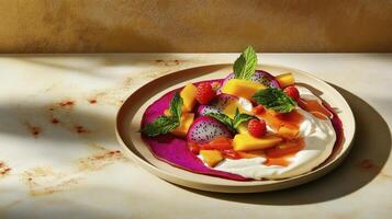 A plate of fruit and yogurt on a table photo