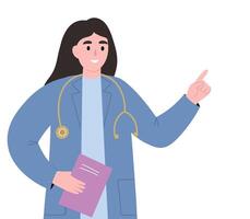 A woman doctor shows, explains, gives instructions, makes a presentation. flat graphics. vector