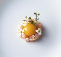 A small dish with an egg and flowers photo