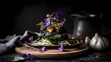 A plate with spaghetti and purple flowers photo