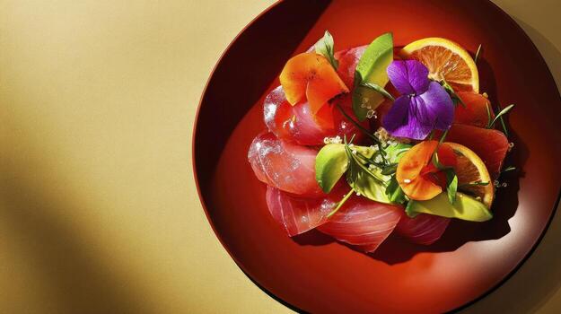 un rojo plato con un ensalada en eso foto
