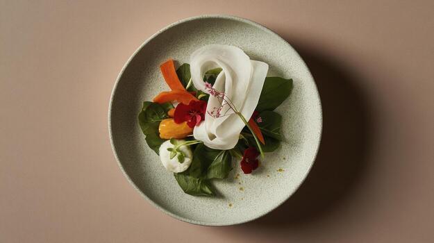 A plate with vegetables and a leaf on it photo