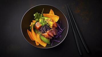 A bowl of food with chopsticks and vegetables photo