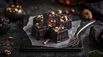 Chocolate truffles on a black plate with a fork photo
