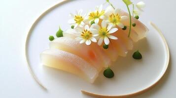 A white plate with a piece of sushi on it photo