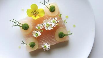 A plate with a piece of fish and flowers photo