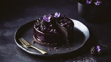 A piece of chocolate cake with purple flowers on it photo