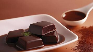 Chocolate covered squares on a white plate photo