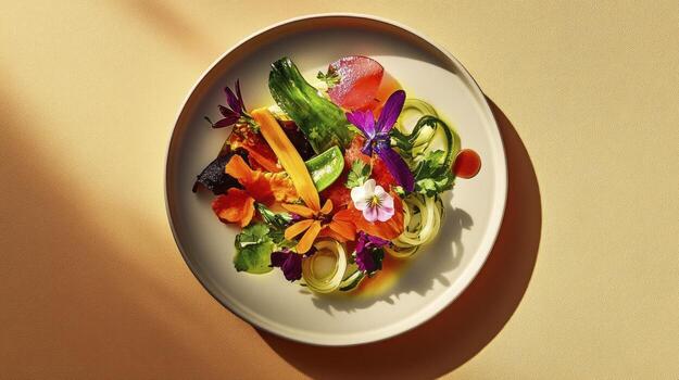 A plate with a salad on it with a yellow background photo