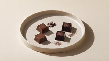 A plate with four pieces of chocolate on it photo