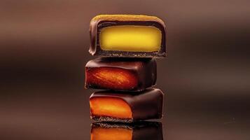 A stack of three chocolates with orange and yellow pieces photo