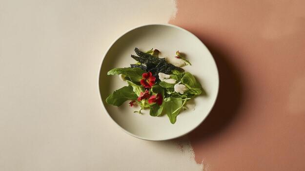 A plate with a salad on it and a pink wall photo