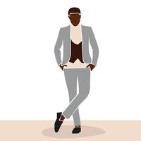 Stylish black man wearing a suit in line art style vector