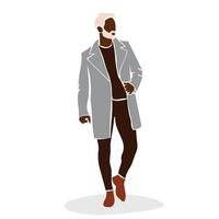 Modern Fashionable black man in a grey coat elegant line art style vector