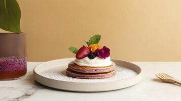 A plate with a stack of pancakes and a cup of fruit photo