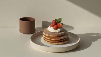 A stack of pancakes with strawberries and cream on a plate photo
