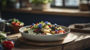 A bowl of pasta with vegetables and fruit on a wooden table photo