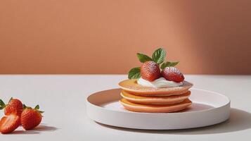 A stack of pancakes with strawberries on top photo