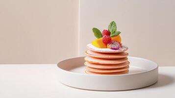 A stack of pancakes on a white plate photo