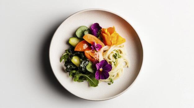 A plate with vegetables and flowers on it photo