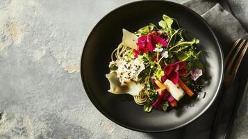 A black plate with a salad on it photo