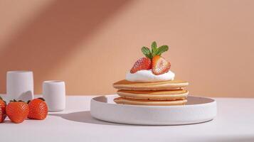 Stack of pancakes with whipped cream and strawberries on a white plate photo