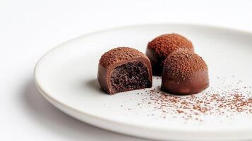Three chocolate covered truffles on a white plate photo