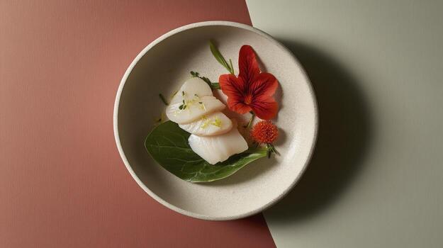 un blanco plato con un Vieira y hoja en eso foto