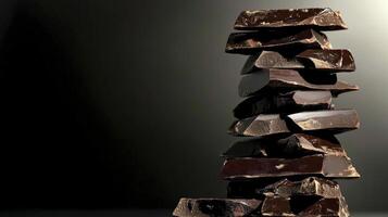 A stack of dark chocolate pieces on a black background photo